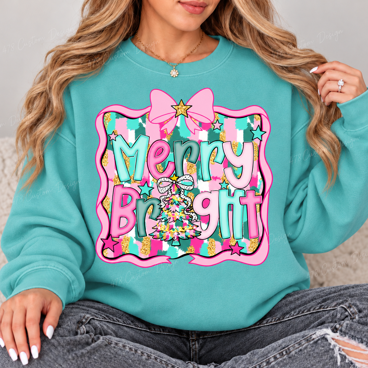 Pink Bow Merry and Bright Christmas Top design on a Seafoam crewneck sweatshirt