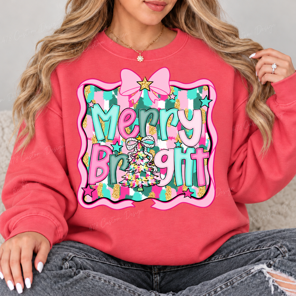 Pink Bow Merry and Bright Christmas Top design on a Watermelon crewneck sweatshirt