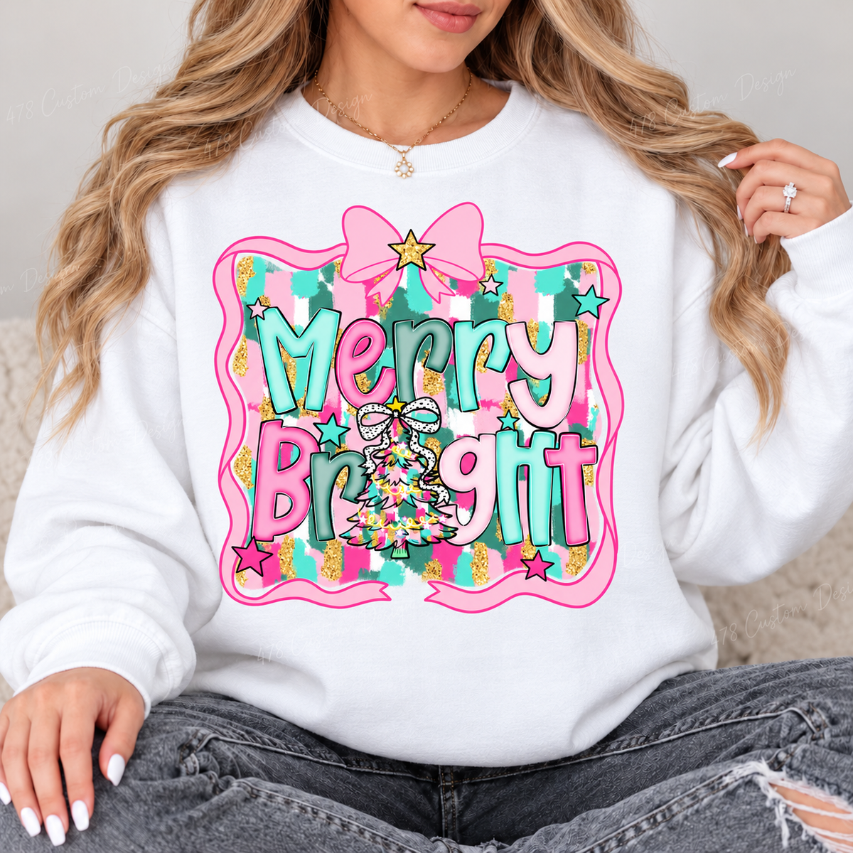 Pink Bow Merry and Bright Christmas Top design on a White crewneck sweatshirt