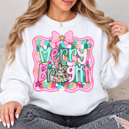 Pink Bow Merry and Bright Christmas Top design on a White crewneck sweatshirt