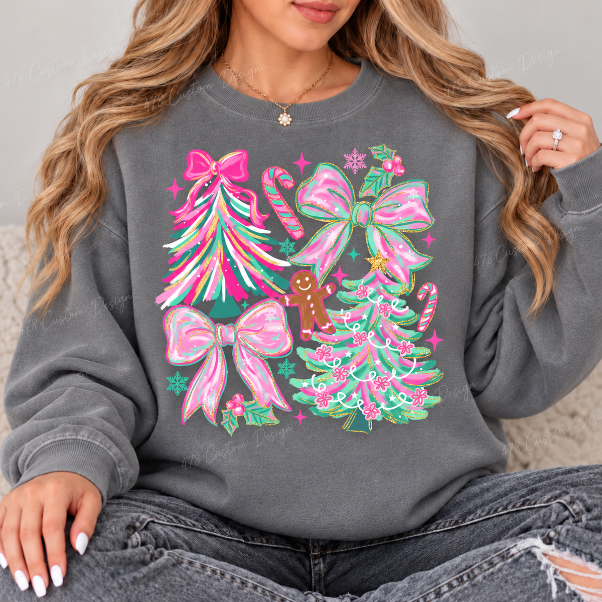 Pink and Mint Christmas Trees and Bows Top design on a Grey crewneck sweatshirt