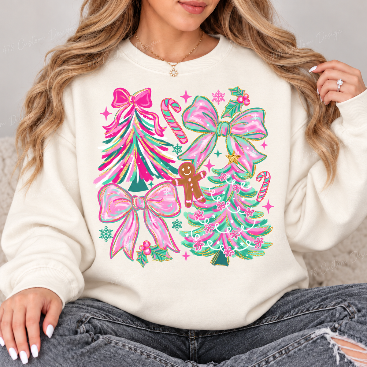 Pink and Mint Christmas Trees and Bows Top design on a Ivory crewneck sweatshirt