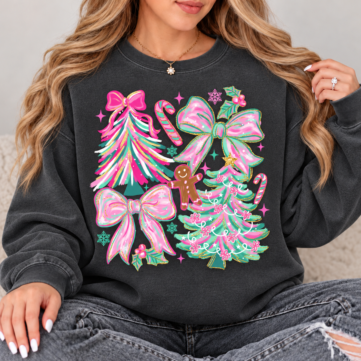 Pink and Mint Christmas Trees and Bows Top design on a Pepper crewneck sweatshirt