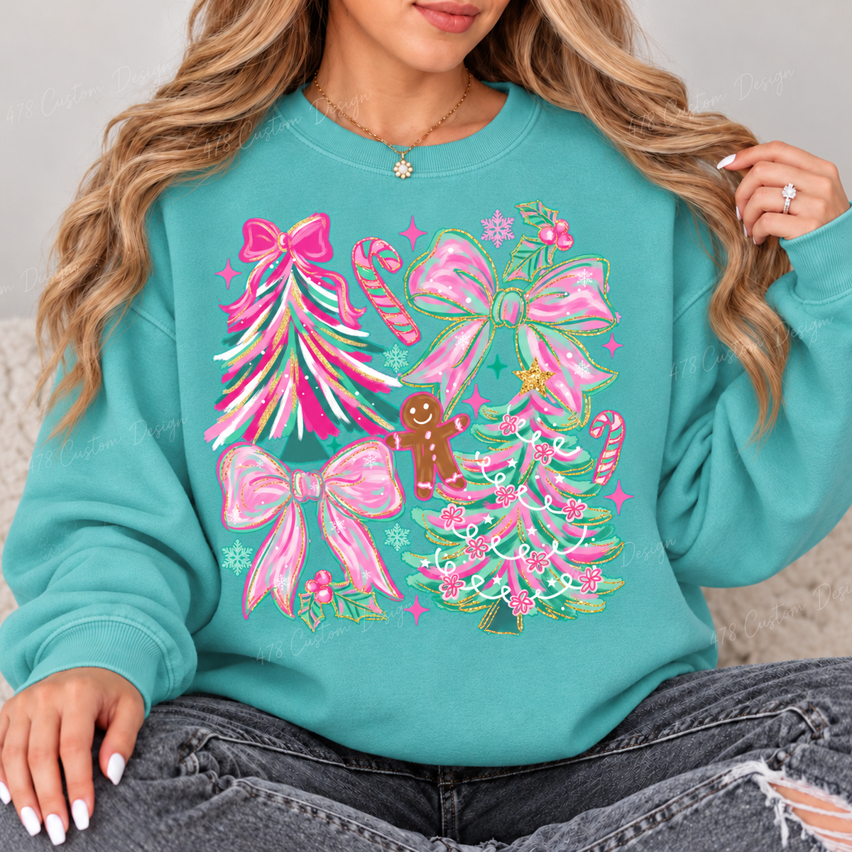 Pink and Mint Christmas Trees and Bows Top design on a Seafoam crewneck sweatshirt