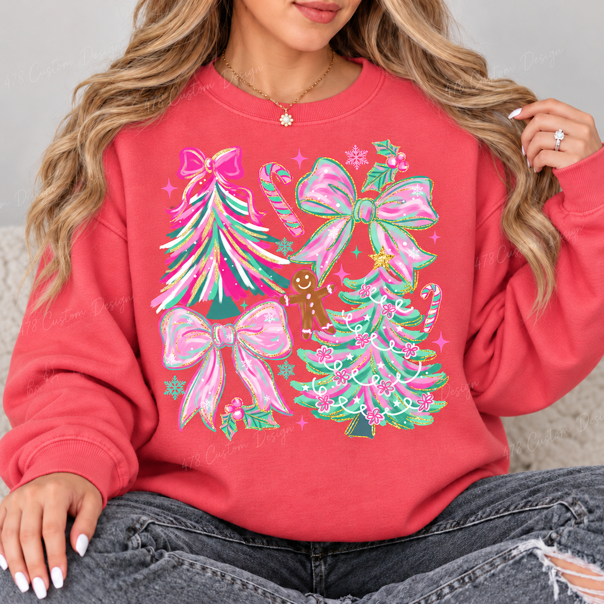 Pink and Mint Christmas Trees and Bows Top design on a Watermelon crewneck sweatshirt