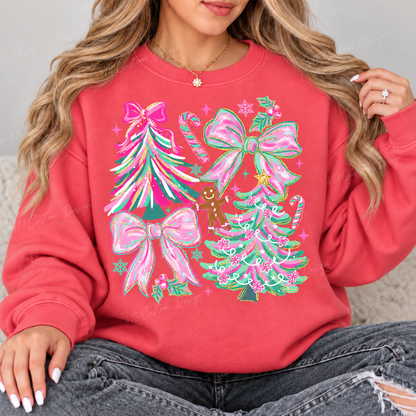 Pink and Mint Christmas Trees and Bows Top design on a Watermelon crewneck sweatshirt