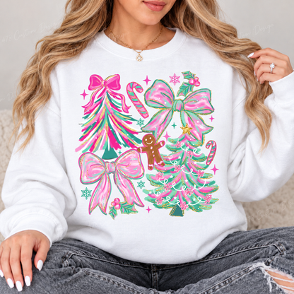 Pink and Mint Christmas Trees and Bows Top design on a White crewneck sweatshirt