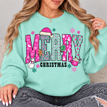 Pink and Mint Merry Christmas Patchwork Top design on a Chalky Mint crewneck sweatshirt