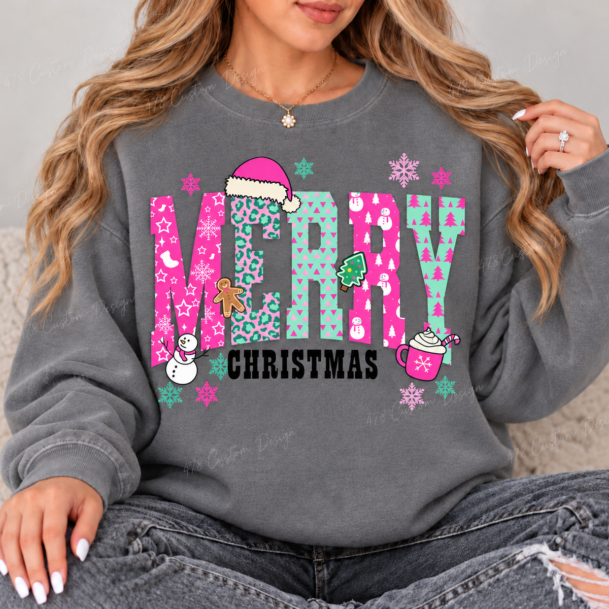 Pink and Mint Merry Christmas Patchwork Top design on a Grey crewneck sweatshirt