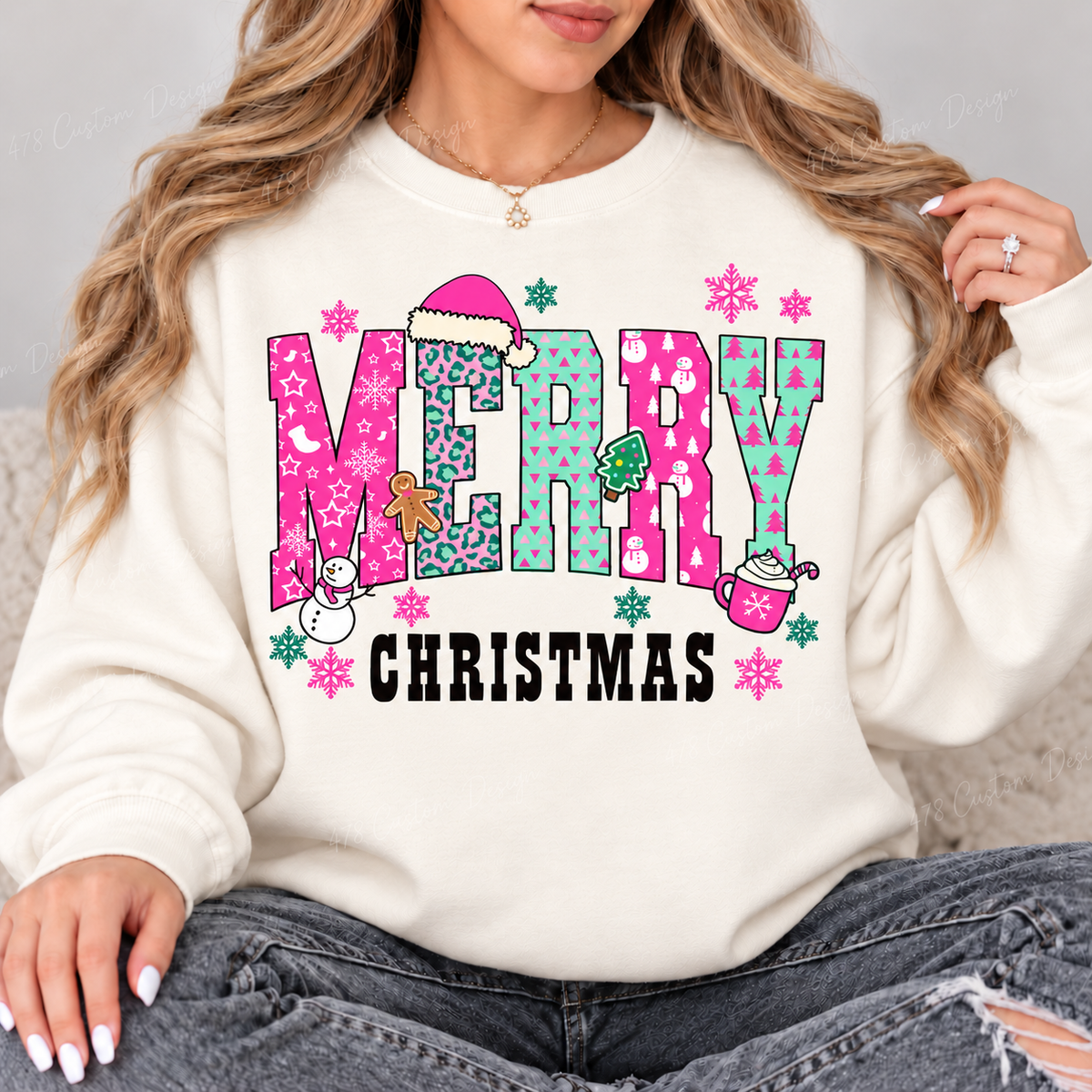 Pink and Mint Merry Christmas Patchwork Top design on a Ivory crewneck sweatshirt