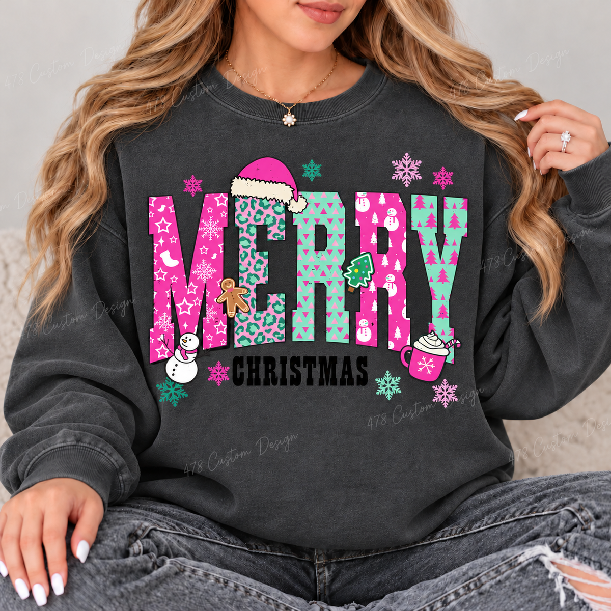 Pink and Mint Merry Christmas Patchwork Top design on a Pepper crewneck sweatshirt