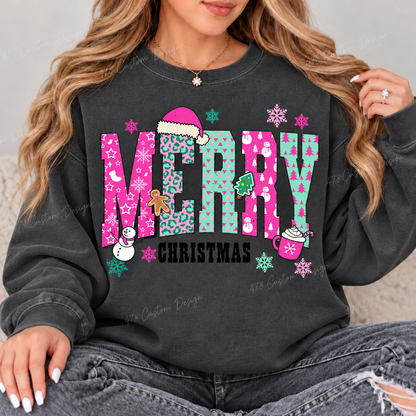 Pink and Mint Merry Christmas Patchwork Top design on a Pepper crewneck sweatshirt
