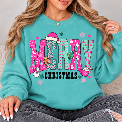 Pink and Mint Merry Christmas Patchwork Top design on a Seafoam crewneck sweatshirt