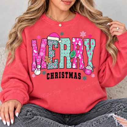 Pink and Mint Merry Christmas Patchwork Top design on a Watermelon crewneck sweatshirt