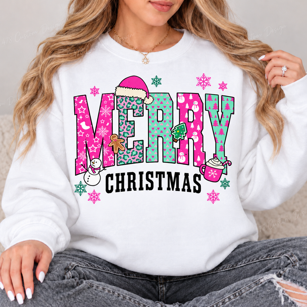 Pink and Mint Merry Christmas Patchwork Top design on a White crewneck sweatshirt
