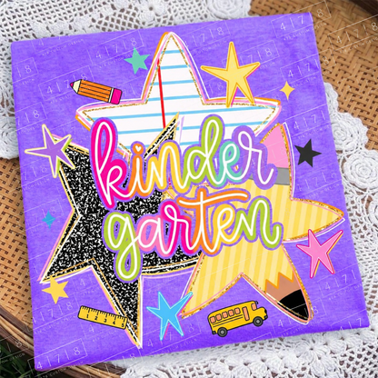 Kindergarten rainbow school stars design on a purple folded shirt