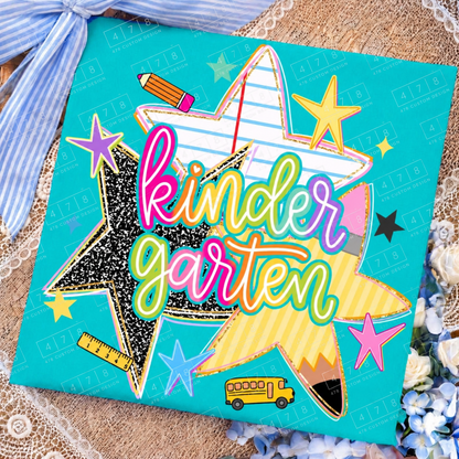 Kindergarten rainbow school stars design on a teal folded shirt