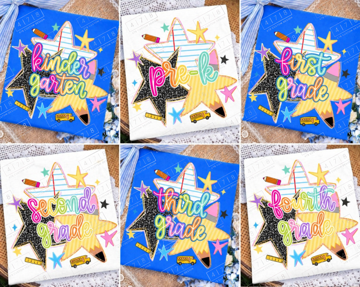 Six rainbow school stars grade designs shown on blue and white shirts
