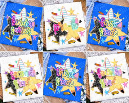 Six rainbow school stars grade designs shown on blue and white shirts