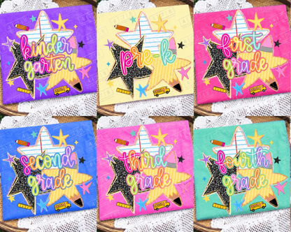 All six Rainbow School Stars grade choices on colorful shirts: Kindergarten, Pre-K, First Grade, Second Grade, Third Grade and Fourth Grade