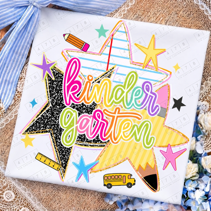 Kindergarten rainbow school stars design on a white folded shirt