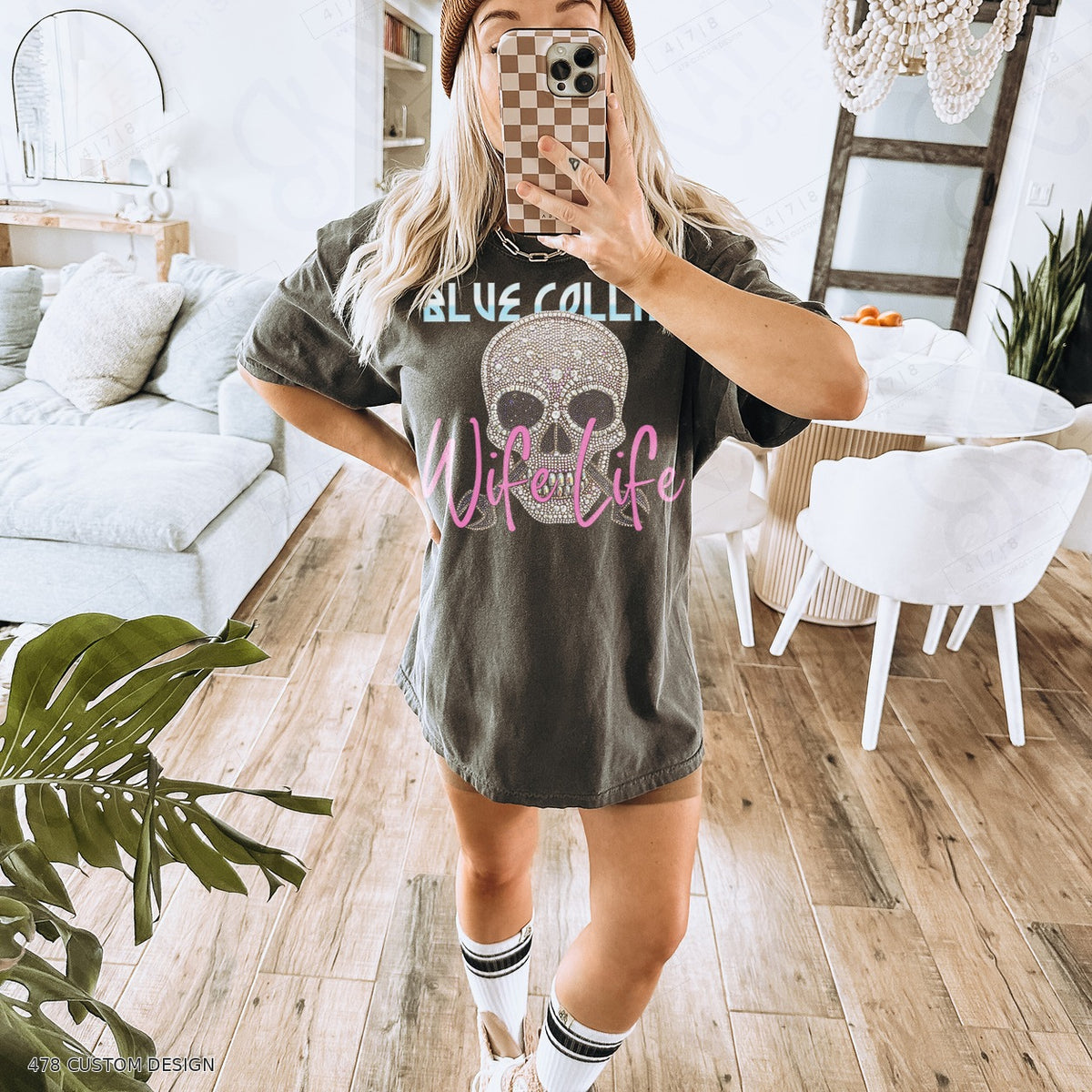 Blue Collar Wife Life printed shirt with skull artwork, 478 Custom Design watermarked garment mockup