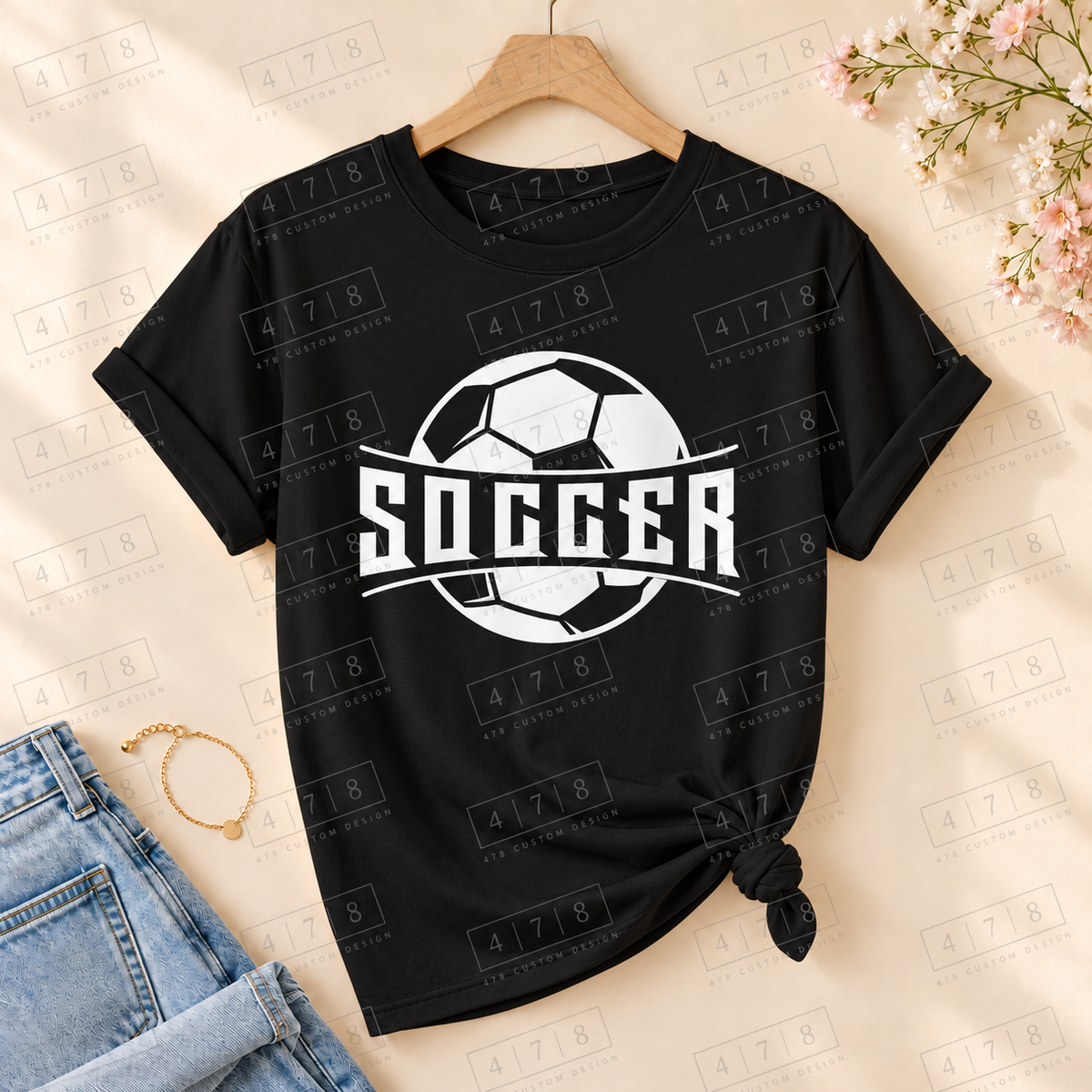 Soccer Ball Banner Top on a black T-shirt