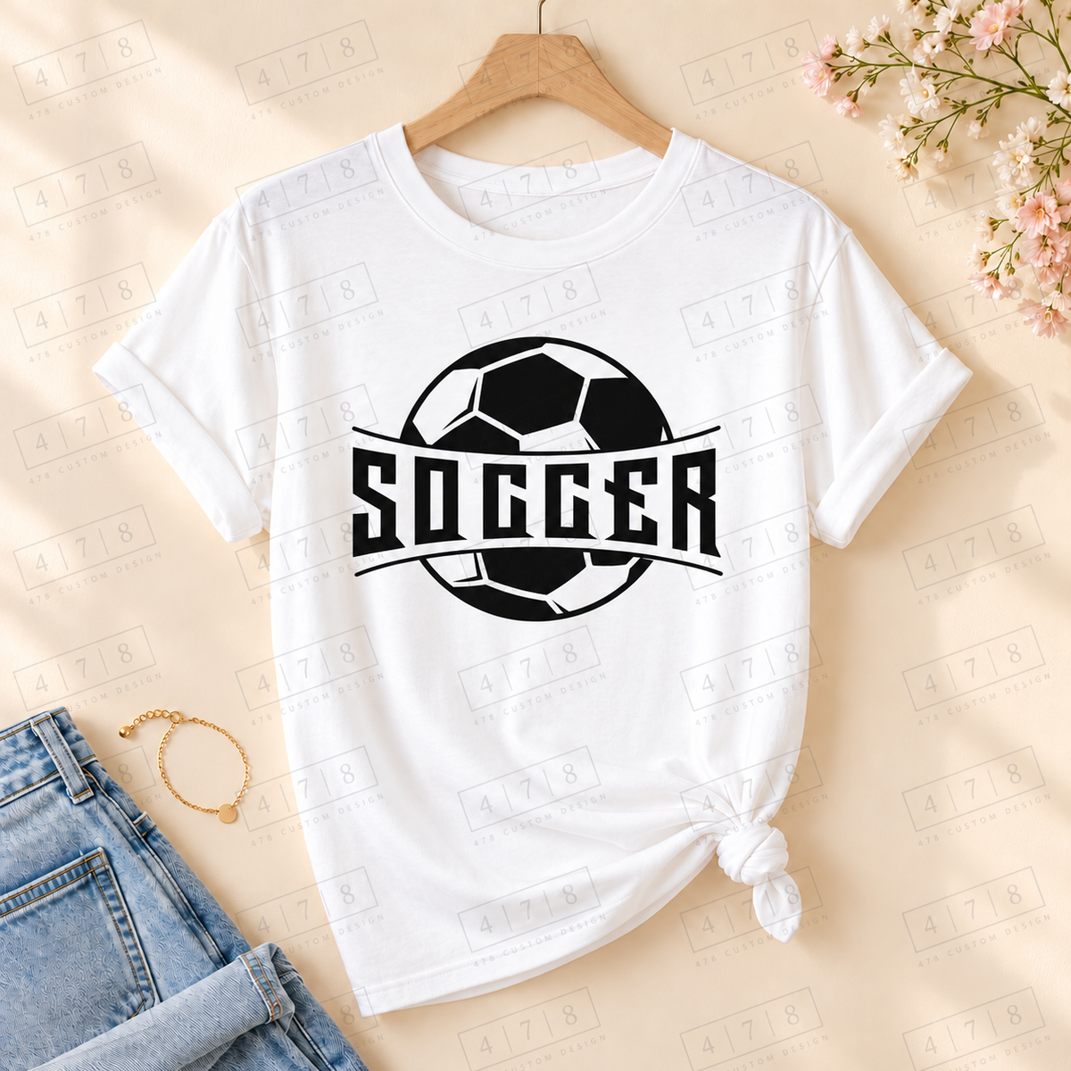 Soccer Ball Banner Top on a white T-shirt