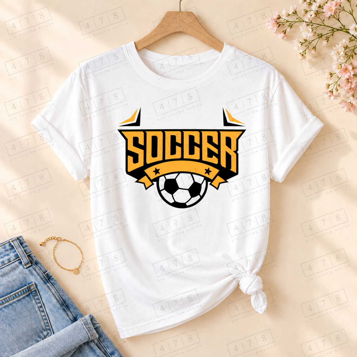 Gold Soccer Star Badge Top on a white T-shirt