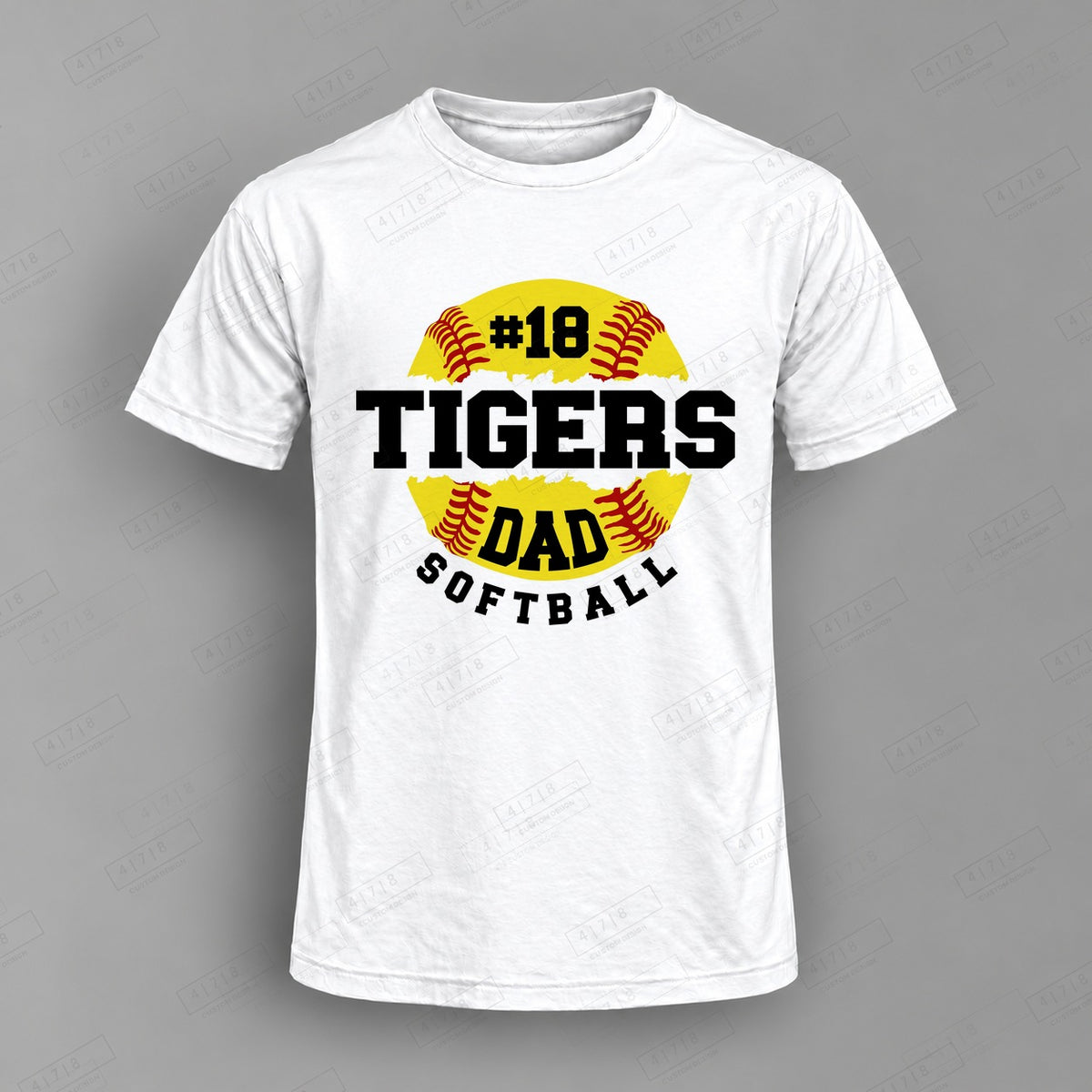 Custom Softball Dad Design 2-0023 Top on white shirt, 478 Custom Design watermarked mockup