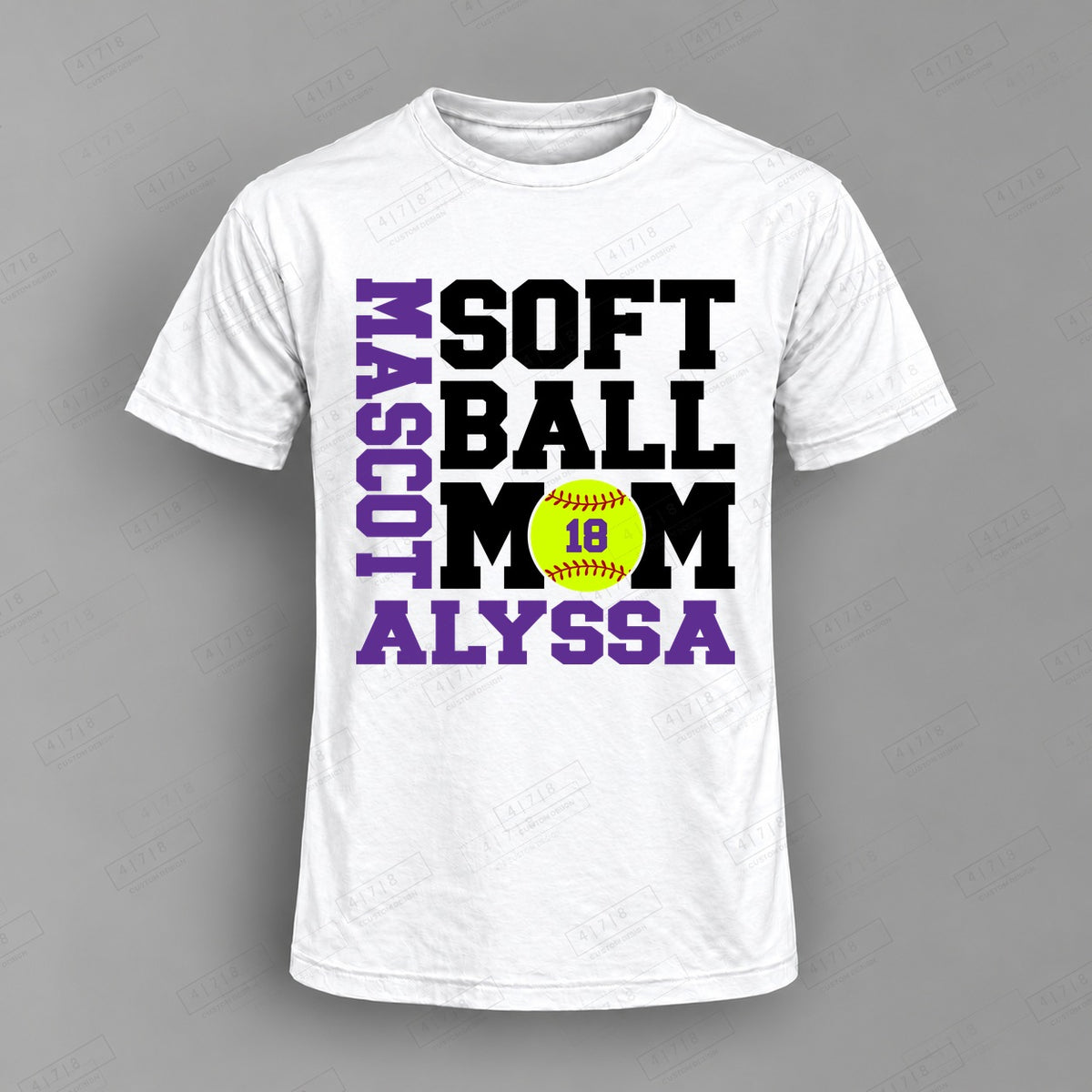 Custom Softball Mom Design 2-0028 Top on white shirt, 478 Custom Design watermarked mockup