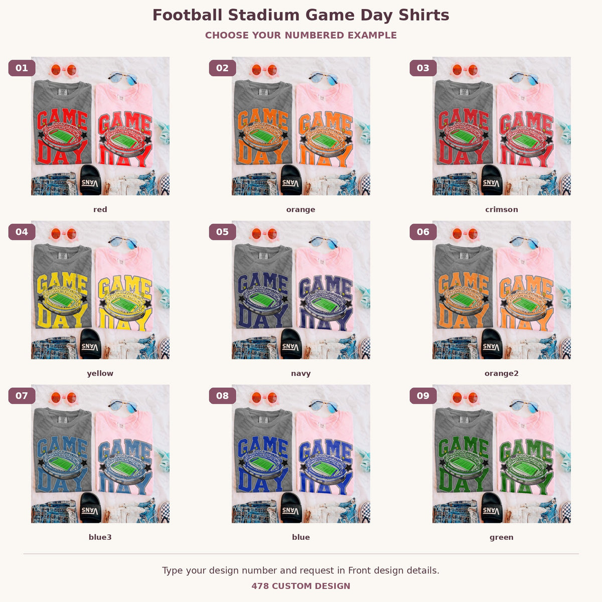 Football Stadium Game Day Shirts — Choose Your Colors numbered garment examples and 478 Custom Design watermark
