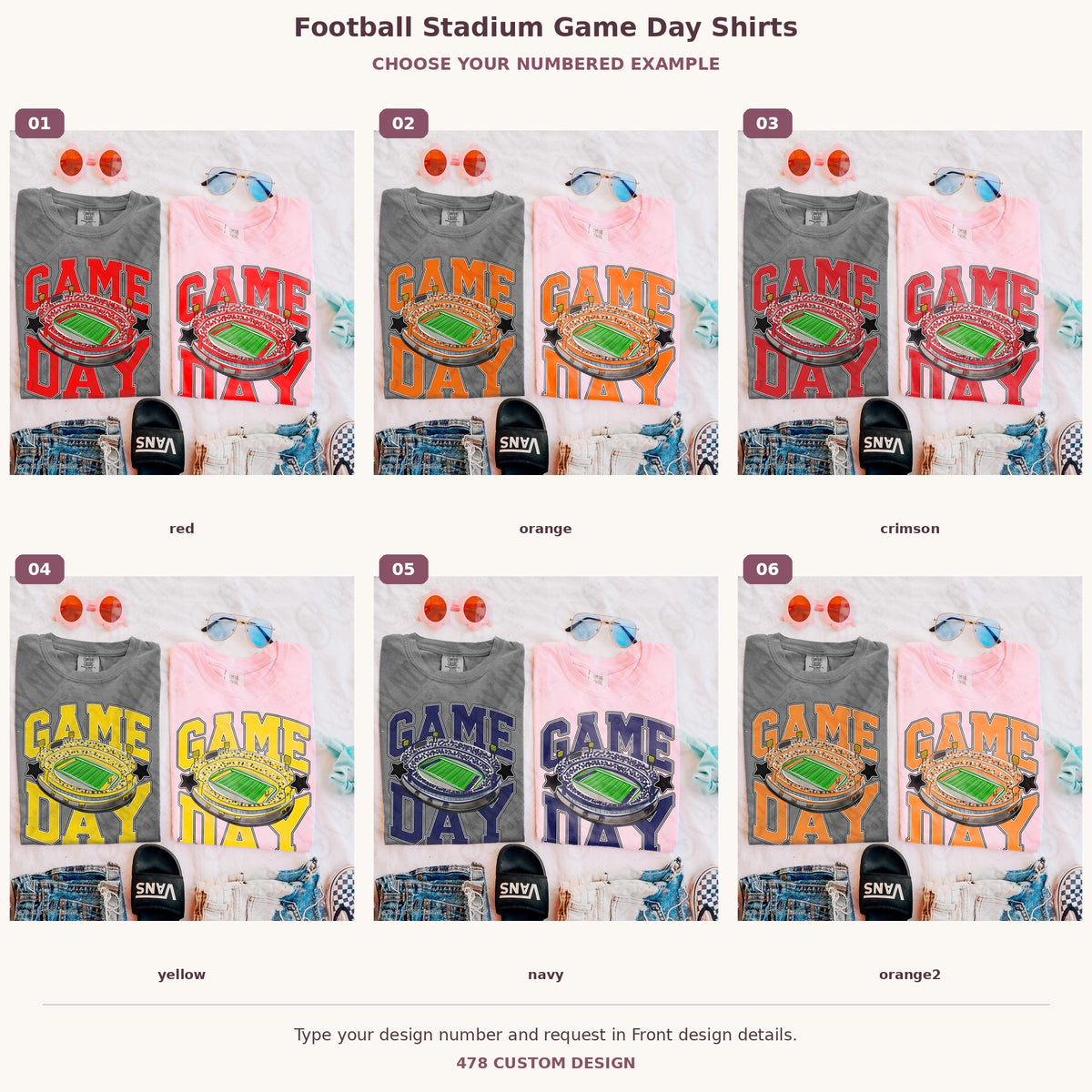 Football Stadium Game Day Shirts — Choose Your Colors numbered examples 1 through 6 478 Custom Design watermarked garment mockups