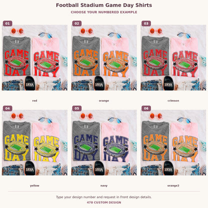 Football Stadium Game Day Shirts — Choose Your Colors numbered examples 1 through 6 478 Custom Design watermarked garment mockups