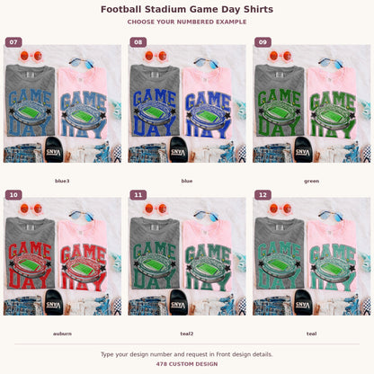 Football Stadium Game Day Shirts — Choose Your Colors numbered examples 7 through 12 478 Custom Design watermarked garment mockups