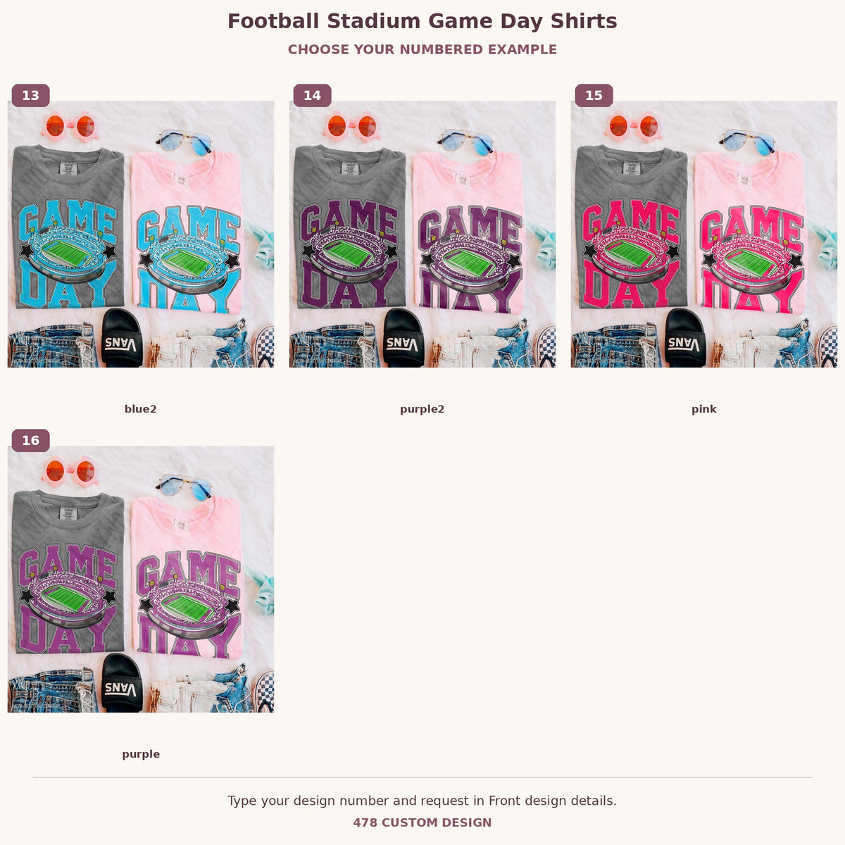 Football Stadium Game Day Shirts — Choose Your Colors numbered examples 13 through 16 478 Custom Design watermarked garment mockups