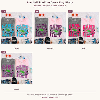 Football Stadium Game Day Shirts — Choose Your Colors numbered examples 13 through 16 478 Custom Design watermarked garment mockups