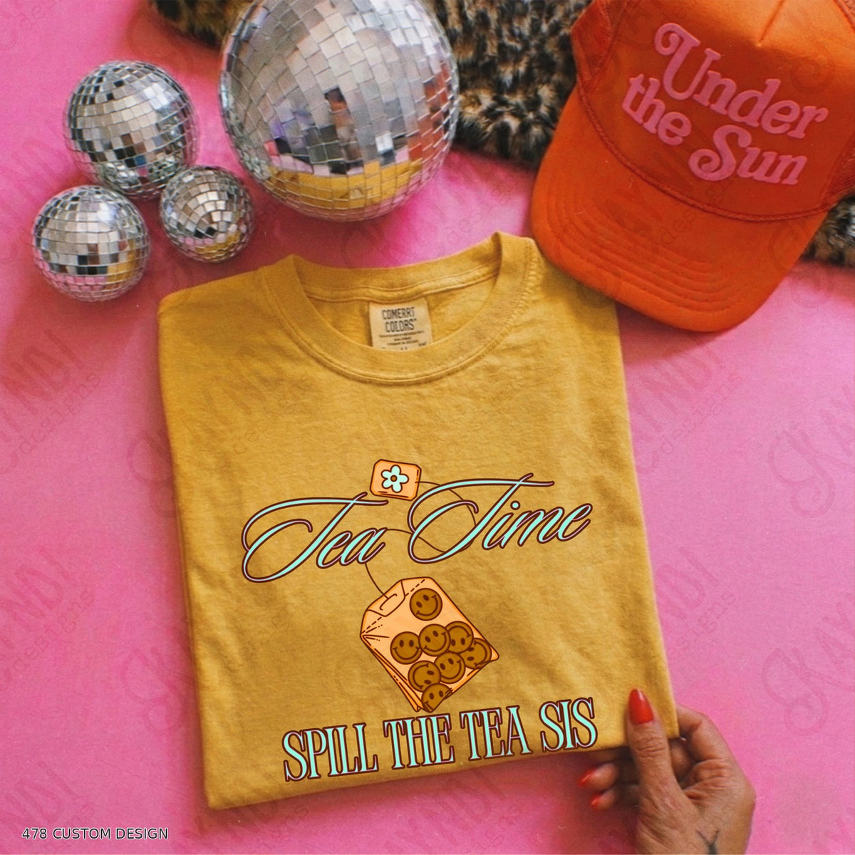 Tea Time, Spill the Tea Sis Shirts — Design Color Choices example 2 Tea Time Spill The Tea Sis Teal 478 Custom Design watermarked garment mockup
