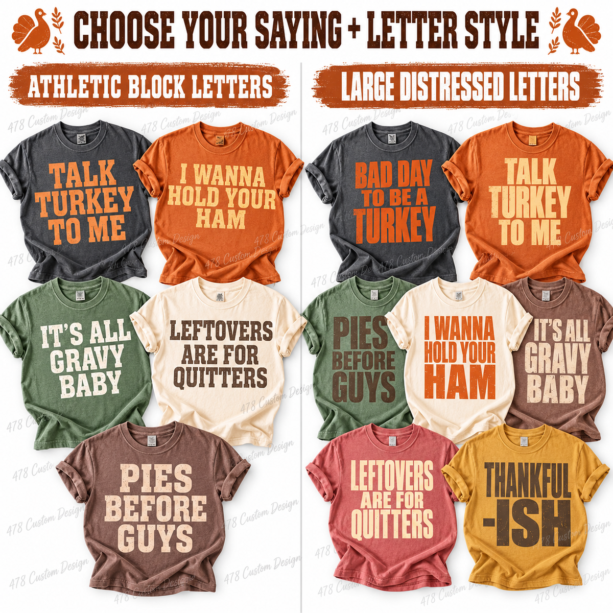 Choose Thanksgiving saying and athletic block or large distressed lettering