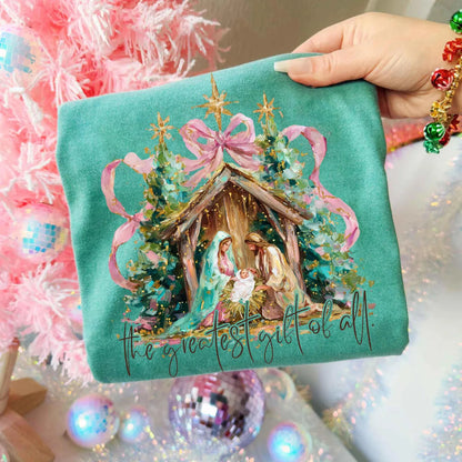 The Greatest Gift Pastel Bow Nativity Christmas Top — apparel mockup 2