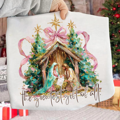 The Greatest Gift Pastel Bow Nativity Christmas Top — apparel mockup 5