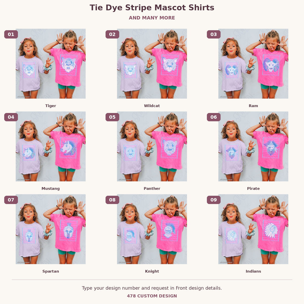 Custom Tie Dye Stripe Mascot Shirts — Examples & Many More numbered garment examples and 478 Custom Design watermark