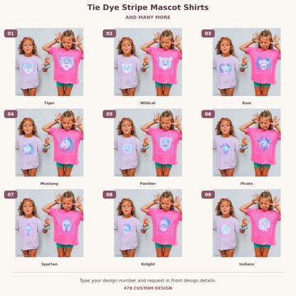 Custom Tie Dye Stripe Mascot Shirts — Examples & Many More numbered garment examples and 478 Custom Design watermark
