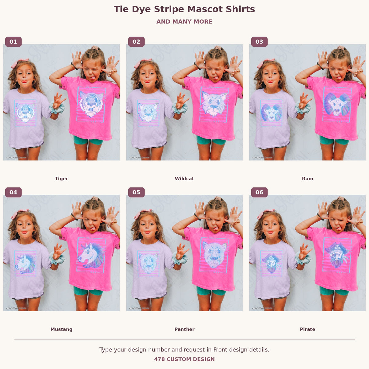 Custom Tie Dye Stripe Mascot Shirts — Examples & Many More numbered examples 1 through 6 478 Custom Design watermarked garment mockups