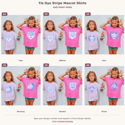 Custom Tie Dye Stripe Mascot Shirts — Examples & Many More numbered examples 1 through 6 478 Custom Design watermarked garment mockups