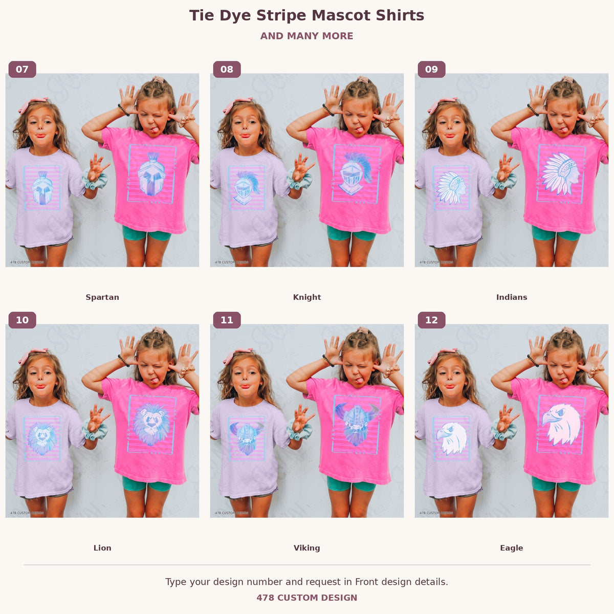 Custom Tie Dye Stripe Mascot Shirts — Examples & Many More numbered examples 7 through 12 478 Custom Design watermarked garment mockups