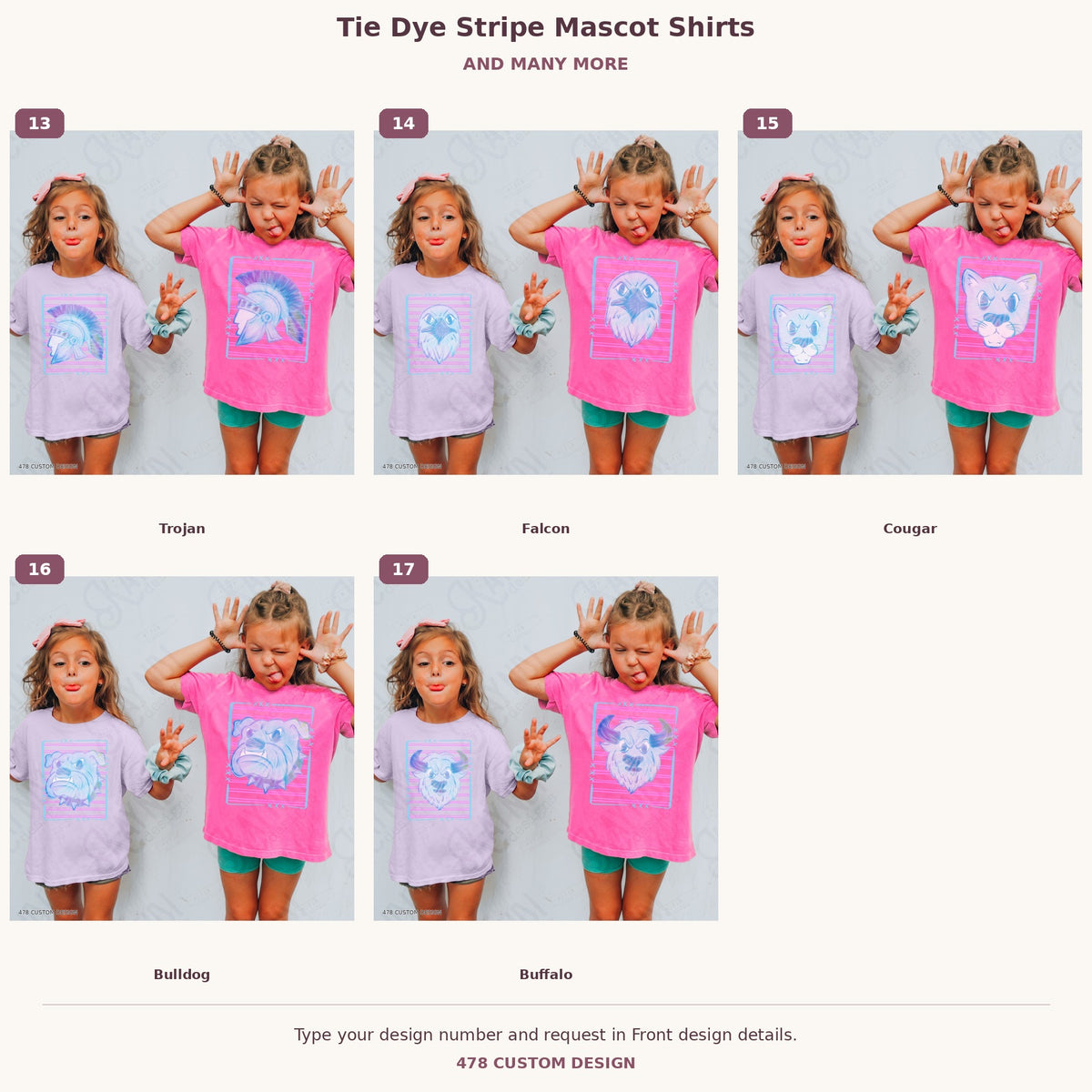Custom Tie Dye Stripe Mascot Shirts — Examples & Many More numbered examples 13 through 17 478 Custom Design watermarked garment mockups