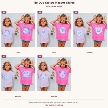 Custom Tie Dye Stripe Mascot Shirts — Examples & Many More numbered examples 13 through 17 478 Custom Design watermarked garment mockups