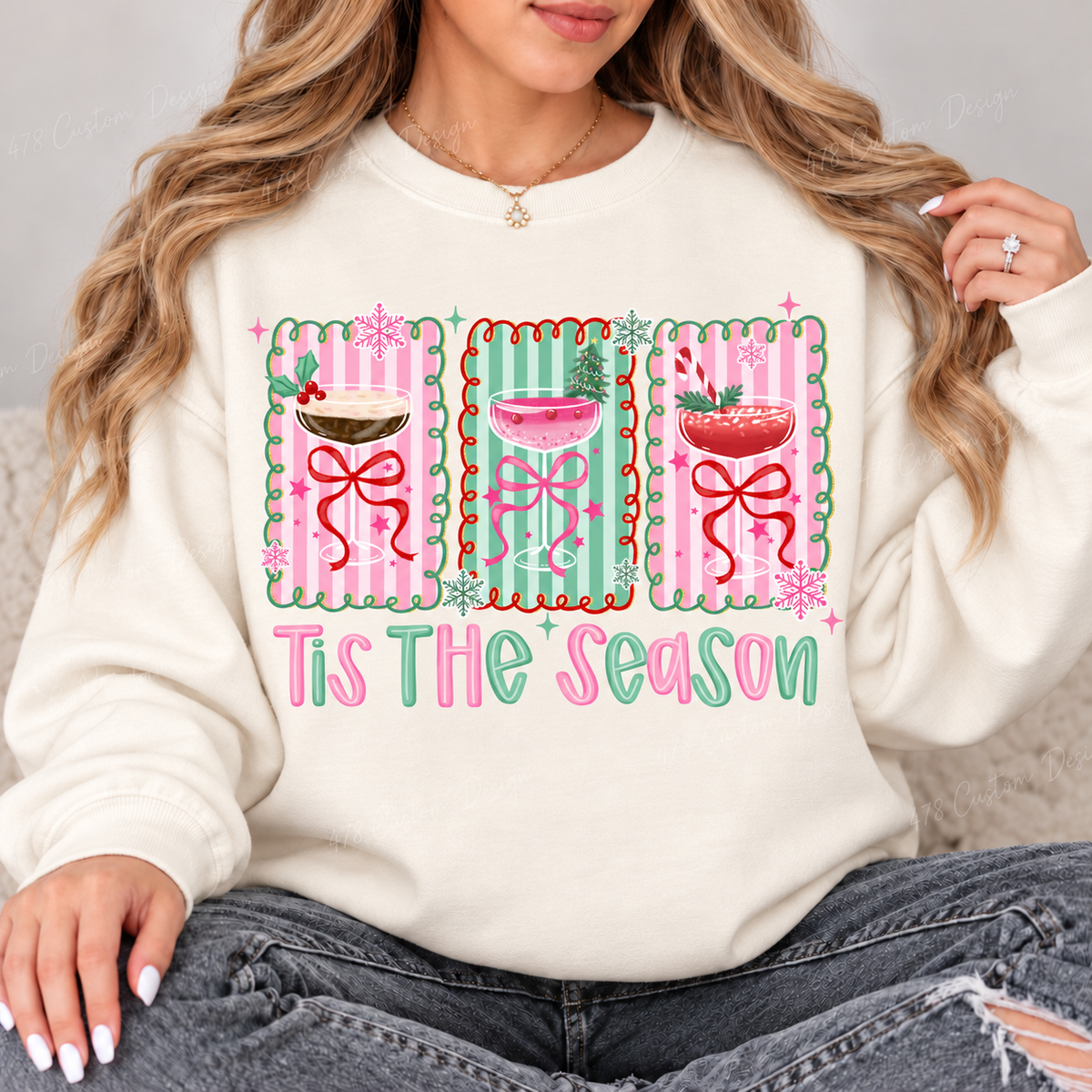 Tis the Season Christmas Cocktails Top design on a Ivory crewneck sweatshirt