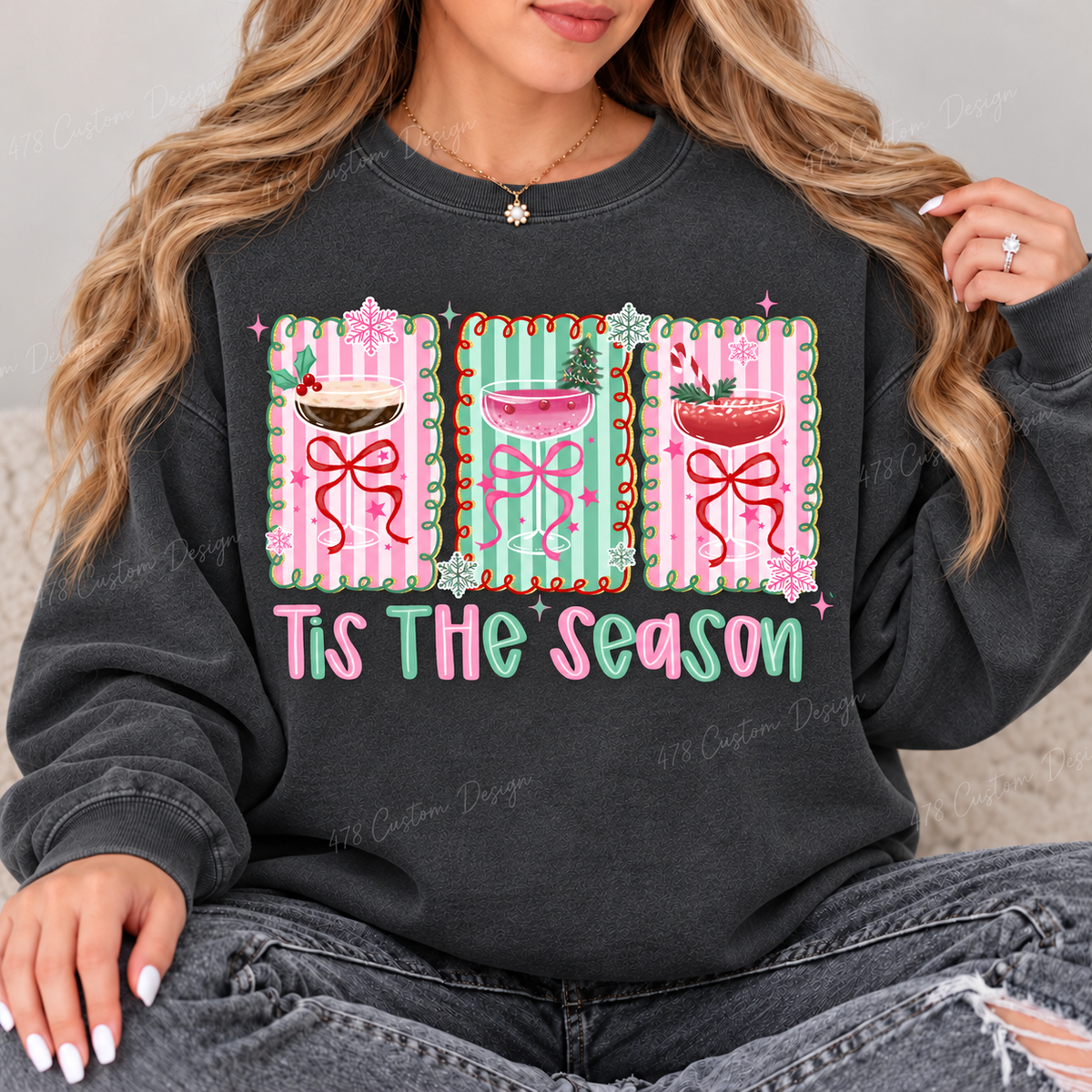 Tis the Season Christmas Cocktails Top design on a Pepper crewneck sweatshirt